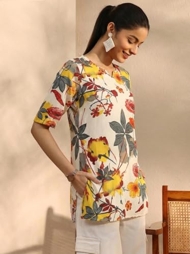 Image of Pinkmint Women Short Kurti | Cotton Blend Printed Tunic Top | Trendy Casual Top | Casual & Office Wear Ethnic Top for Jeans