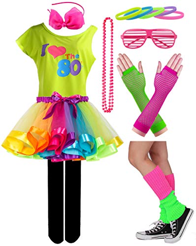 Image of Kid Girl I Love 80s T-Shirt 1980s Star Sequin Tutu Skirt with Neon Necklace Bow Headband Hair Clip Set (10 /12, Style 2-Rainbow)