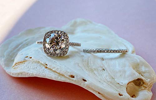 Cz Bridal Ring Set Accented Round Halo Engagement Ring Matching Half Eternity Wedding Band Size 4-10 (Silver, 5) #TOP3