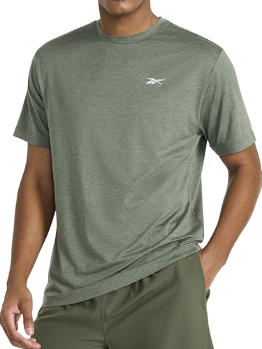 Reebok Apparel Mens Strike Short Sleeve Crewneck T-Shirt, Standard Fit, Lightweight Stretch Poly Jersey Fabric, Duck Green Heather, S