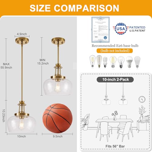 Image of Modern Pendant Lights Kitchen Island, Brushed Gold Pendant Light Fixtures with 10 inch Clear Glass Shade, Industrial Hanging Pendant Lights Fixture for Kitchen Island Dining Room Bedroom Foyer Entryway