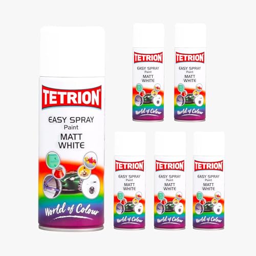 Image of Tetrion Easy Spray Paint - Matt White 400ml (Pack of 6) - All-Purpose Fast Drying Acrylic Spray for Wood, Metal, Plastic, Ceramic & More, Smooth Base Coat - Indoor & Outdoor Use, 13.5 Oz