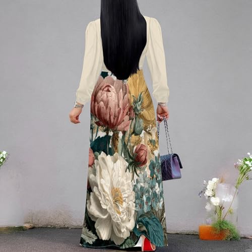 Image of Women's Plus Size Maxi Dresses Long Sleeves V Neck Floral Print Bohemian Swing Long Dress with Belt