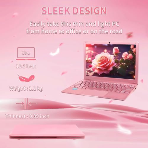 Image of 10.1-inch Portable Mini Pink Laptop Computer, DDR4 8GB RAM, 256GB SSD, Celeron N4000, Built-in Webcam, Notebook with WiFi, HDMI, Bluetooth, Type-C Charging, Easy to Carry (Pink)