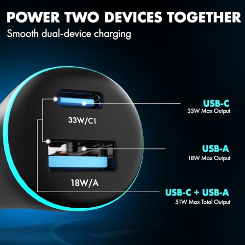 Image of PD 51W Superfast Charging Wozoyo Car Charger with Type C and USB A, Power Delivery, PPS & QC 3.0, Dual Port (33W + 18W), 12V-24V Compatible, Multi-Layer Protection, 2-Years Manufacturer Warranty