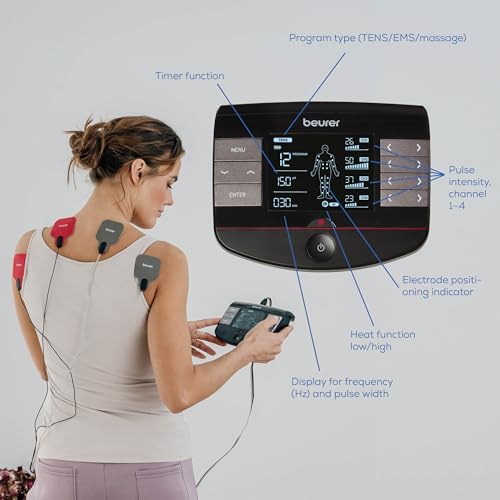 Image of Beurer EM89 Digital TENS /EMS Device with Heat Function, 4-in-1 Function for Pain Therapy, Muscle Stimulation, Massage and Heat Therapy, 4 Separately Adjustable Channels, 8 electrodes & Battery