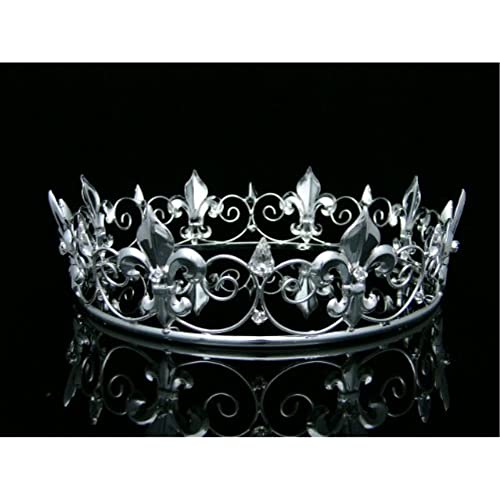 Men's Full King's Crown for Theather Prom Party - Clear Crystals Silver Plating T373