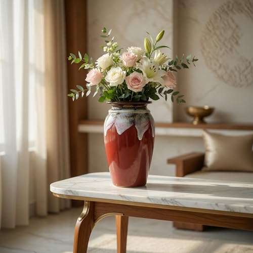 Image of Ceramic Flower Pots for Garden | Big Size Planters for Home Decor, Living Room, Balcony & Office | Multi Utility Vase Gamla for Indoor Outdoor Plants (Hand-Painted, Red, 10 Inch)