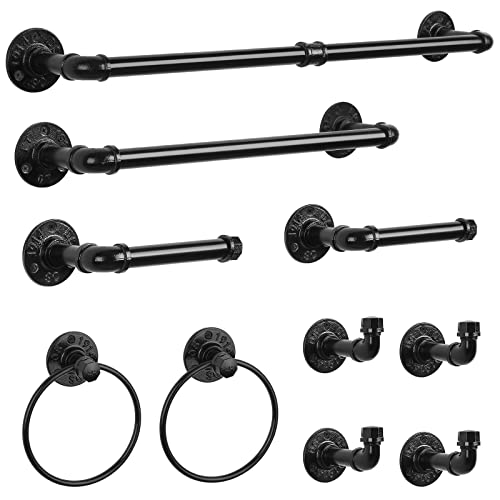 Industrial Bathroom Hardware Set 10 Pieces Bath Towel Bar Set Includes Round Towel Ring Hand Toilet Roll Holders for Wall 18 and 25 inch Towel Rack Robe Towel Hooks Black Bathroom Accessory Towel Kit