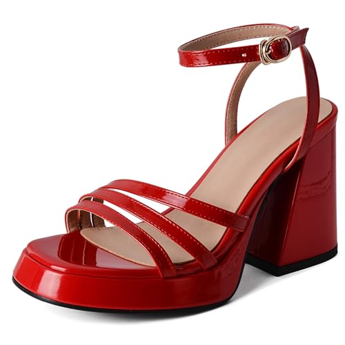Lroey Reoly Sandalias de Mujer, Sandalias de Vestir de Tacón Alto con Punta Abierta Hebilla Tacón Chunky Sandalias Correa de Tobillo con Plataforma Elegante, 487Quh Rojo Talla 37 EU