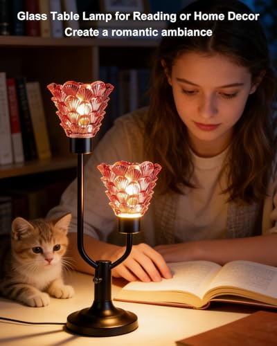 Image of Lightdot Mid Century Modern Glass Table Lamp Vintage Pink Lamp Dimmable | Nightstand Lamp Black Desk Lamp Bulbs Included 3000K Warmwhite Ambient Bedside Lamps for Bedroom Living Room Home Decor Gift