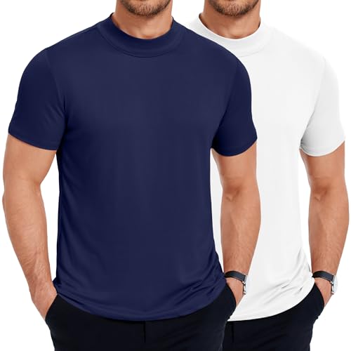COOFANDY Pack de 2 Camisetas de Hombre Manga Corta Cuello Alto Cuello Redondo Medio Cuello Unicolor Top Básico Verano Ajustado Blanco/Azul Marino L
