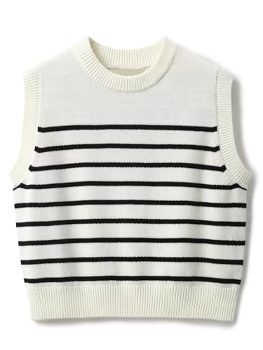 Image of Wowcarbazole Women's Striped Sweater Vest Summer Sleeveless Crew Neck Pullover Knit Tops Casual Trendy Crop Top
