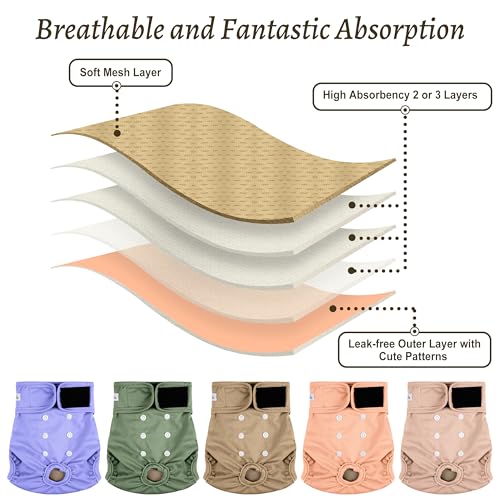 Image of Female Dog Diapers 5Pcs - Premium Reusable Diapers for Doggie in Heat - Highly Absorbent Dog Diapers Female for Pet Incontinence with Adjustable Snaps, XXL