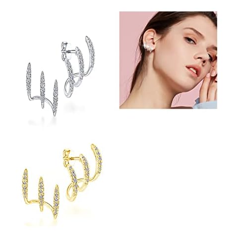 (2 pairs) Women Cuff Piercing Studs Earrings,Fashion Versatile U Shaped Diamond Stud Earrings,Zircon Needle Claw Earrings for Women Girls,Simple and stylish (Gold + Silver) Cover