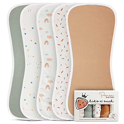 Image of Kids N' Such Baby Burp Cloths - 5 Pack, Extra Large & Soft, 3 Layer, Ultra Absorbent Cotton Burp Rags - Burp Clothes for Baby boy & Girl, Burp Clothes, Newborn Towel, Baby Bibs & Burp Cloths Sets