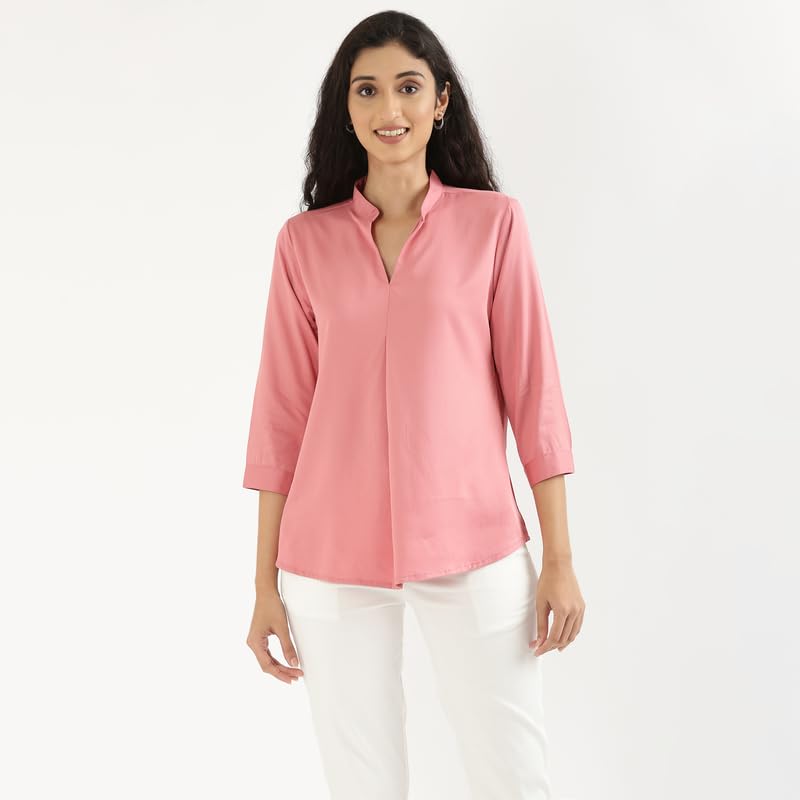 Image of SAADAA Top for Women, Viscose Pleated Tops, V-Neck with a Collar, 3 /4 Sleeve Length, Office & Casual Wear
