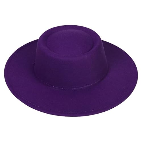 Honieh Unisex Purple Vintage Fedora Hat Flat Top Concave Design Autumn And Winter Jazz Hat Wide Brim Solid Color Panama Hat Pork Pie Hat (Color : Size : M(56-58Cm))