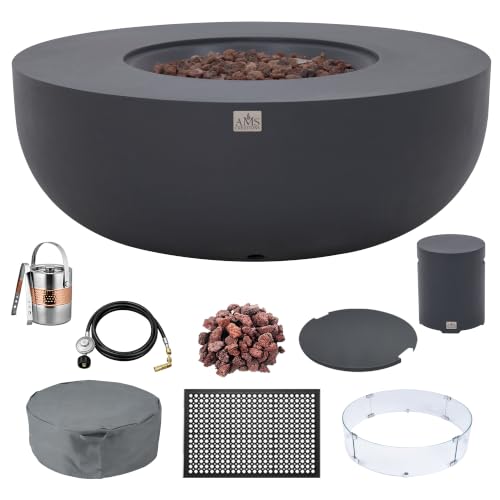 Image of AMS Creations Eclipse 44 inch Round Cast Concrete Propane Gas Fire Pit Bowl Table with Electronic Ignition | Dark Gray Smooth Texture | Outdoor Patio Heater Backyard Fireplace