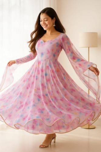 Image of Elegant Pastel Multicolor Printed Anarkali Gown with Sheer Dupatta - Flowy Ethnic Women | Soft Organza Dress Festive Wedding Special Occasions