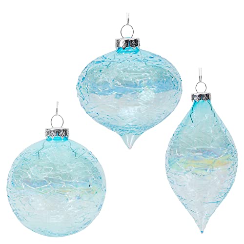 80MM Blue Finial, Onion, and Ball Glass Ornaments, 3-Piece Set