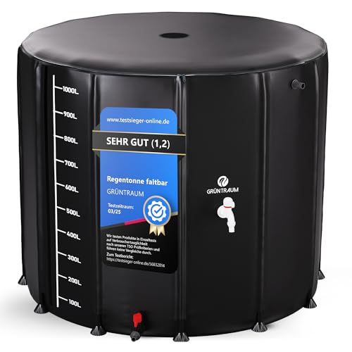 GRÜNTRAUM Tonneau de pluie pliable XXL - 1000 l - Grand tonneau d'eau de pluie / réservoir d'eau pliable - Tonneau d'eau stable - Résistant aux intempéries...