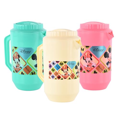 Image of Kuber Industries (Pack of 3) Water Jug | 2 LTR | Plastic Jug for Water | Check Disney | Water Dispenser | Juice Jug for Dining Table | Water Jug for Hotels & Restaurants | Pink-Cream & Green