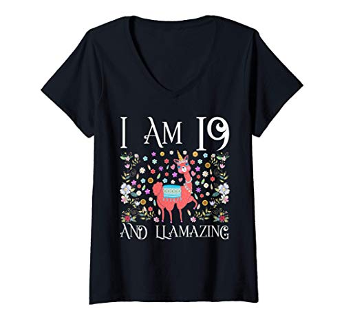 Mujer I am 19 Years Old and Llamazing Llama Happy 19th Birthday Camiseta Cuello V