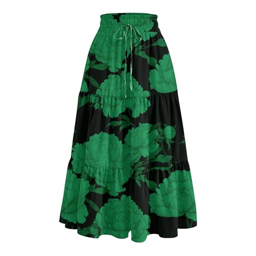 Midi Skirts for Women 2025 Boho Floral Skirts Tiered Ruffle Skirt Flowy High Elastic Waisted A Line Skorts with Pockets3