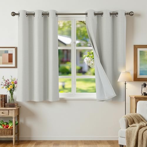 Runyéla 100% Rideau Occultant Lin Thermique Isolant Anti Chaleur Lot de 2, 90x120 Rideaux à Oeillets Fenêtre Beige Clair, Anti Froid UV Phonique Bruit, Decoration...