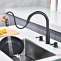 RULIA Kitchen Faucet, 2 Handles Kitchen Sink Faucet, 3 Holes Sink Faucet, Pull Down Kitchen Faucets, Bar Kitchen Faucet, Matte Black, Stainless Steel, RB1064