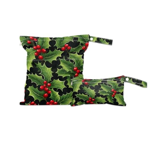 2pcs Cloth Diaper Wet Dry Bag with Two Zipper Pocket Waterproof Storage Bag Travel Laundry Bags, Beach, Pool, Breast Pump Parts, Gym Bag for Swimsuits & Wet Clothes for Baby (Red Berries Xmas)