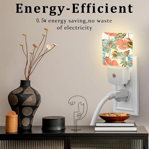 Image of Red Poppy Flowers with Bee Butterflies Night Light for Kids,Bright Floral Insects Night Light Plug in with Dusk to Dawn Sensor,0.5w Energy Saving Nightlight for Hallway Stairway Kitchen Bedroom