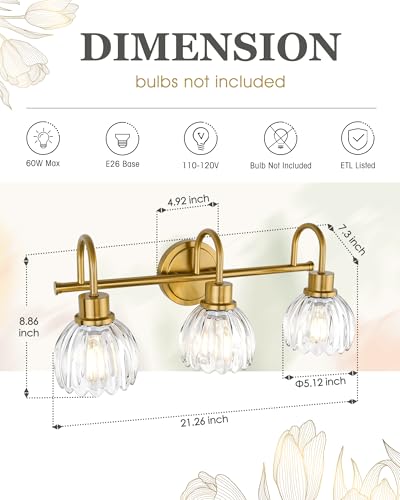 Image of 3-Light Gold Bathroom Vanity Light with Clear Tulip Glass Shade | 21 Inch Bathroom Lights Fixtures, Brass Vanity Lighting Fixtures Over Mirror, E26 Base, ETL Listed, AD-22282-3W-GD-C
