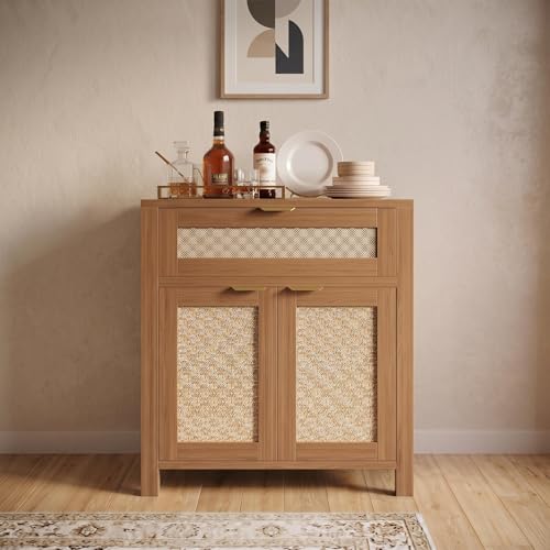 GarveeHome Sideboard Buffet Cabinet, Wooden Credenza Storage Cabinet with Adjustable Shelves, Drawers and Rattan Doors, Accent Buffet Console Table for Dining Room Hallway- Caramel Oak