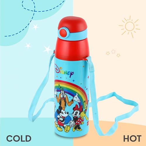 Image of CELLO Kidzbee Series Orb 400 Inner Steel Insulated Water Bottle, 380ml, Light Blue | 3D Touch & Feel Mickey Family Design | Leakproof Flip Top Spout, Easy to Carry | Cold Water Bottle for Kids School