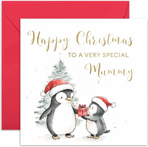 Special Mummy Christmas Card - Penguin Mummy Greeting Card Gift for Her - Heartfelt Keepsake Card for Family from Young Children - Cute Penguin Christmas Tree Design - Simple Charming Design