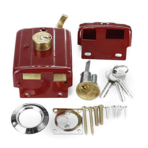 Red Deadbolt Rim Lock Security Door Lock Double Tongue External Door Lock with 3 Keys for Warehouse Door Bedroom Door, Etc