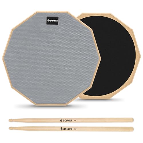 Donner 12 Inches Drum Practice Pad Silent Drum Pad Set Gray 2-Sided With Drum Sticks