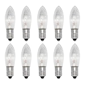 Caldarax 10 stuks E10 34 V 3 W reservelampen gloeilampen, topkaars, geribbelde kaars, spitse schacht, warmwit, 2700 K, 30 lm, heldere kaars, voor brandpunten, lichtkettingen, lichtboog, 10 stuks