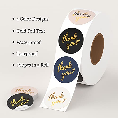 Mobiusea Party Thank You Stickers Roll | Simple And Sincere | 1.5 Inch | Waterproof | 500 Labels For Small Business, Packaging, Mailer Seal Stickers | 4 Classic Colors With Gold Foil Design #TOP1