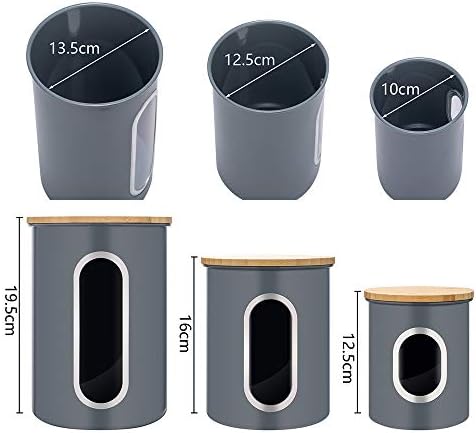 G.a HOMEFAVOR Set of 3 Kitchen Storage Canisters, Metal Storage Canister Jars with Airtight Bamboo Lids & Transparent Viewing Window, Food Storage Containers for Coffee, Tea, Grain, Dried Food, Grey