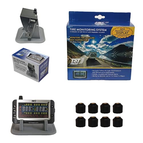 Truck Systems Technology TST 507 RV TPMS with Color Display - Tire Pressure Monitoring System for RVs, Campers & Trailers - Cap Sensor Kit - Includes TST Monitor Sunshade - 8 Cap Sensor TPMS Kit