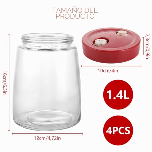 Miniatura 2 de Videtol 4 Unidades De Cristal De Fermentación De 1,4 L Con Válvula De Ventilación, Recipiente Transparente Para Kimchi, Recipiente Para Kéfir, Chucrut Y Kimchi