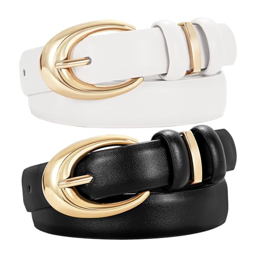 Image of TRIWORKS 2 Pack Women Leather Belt for Jeans Pants Fashion Ladies Faux Leather Belt with Gold Buckle