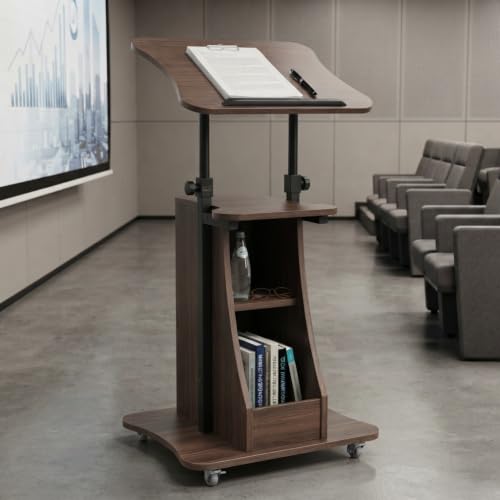 Image of POWERSTONE Sit to Stand Mobile Lectern Teacher Podium Stand Brown | Rolling Laptop Desk Cart with Storage Shelves, Casters, Swivel Top, Height Adjustable, for Classroom, Concert, Church
