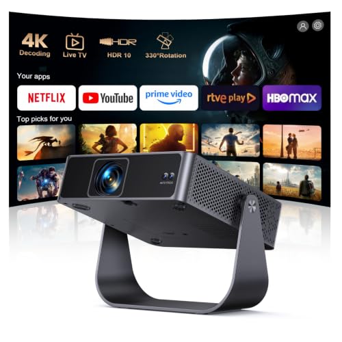 Proyector Portatil【Netflix Ready+TV Directo】 Proyector 4K App Integrada Auto Focus/Keystone 1080P FHD Nativo con HDR10, Giro 330° WiFi Bluetooth