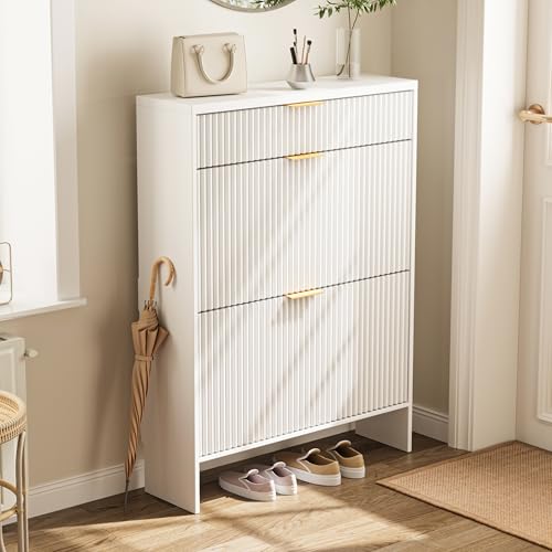Image of Fluted Shoe Cabinet Storage with 2 Flip Drawers & 1 Drawers, Wood Narrow Hidden Shoe Cabinet with Shelf for Entryway, Freestanding Slim Shoe Rack Organizer for Hallway Living Room(White)