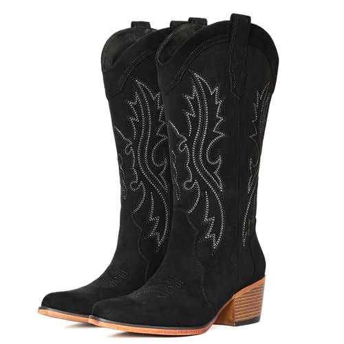 Image of IUV Cowboy Boots For Women Western Cowgirl Boots Mid Calf Snip Toe | Chunky Heel Ideal for low insteps