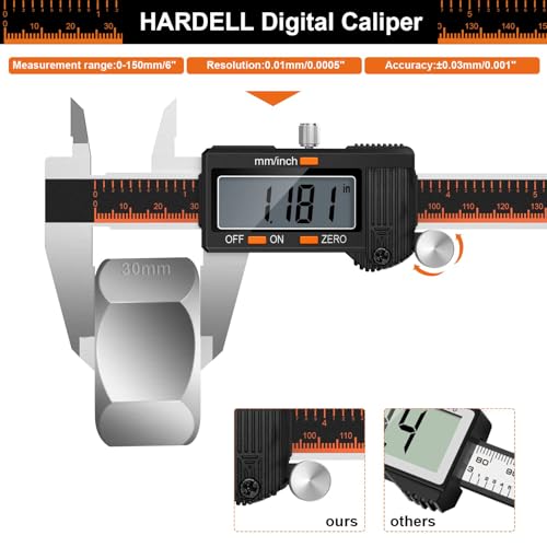 Digital Caliper, HARDELL 6 Inch Stainless Steel Caliper Measuring Tool with Large LCD Screen, Electronic Micrometer Caliper Digital Inch/Millimeter Conversion, Automatic Off(Ruler & 2 Batteries)